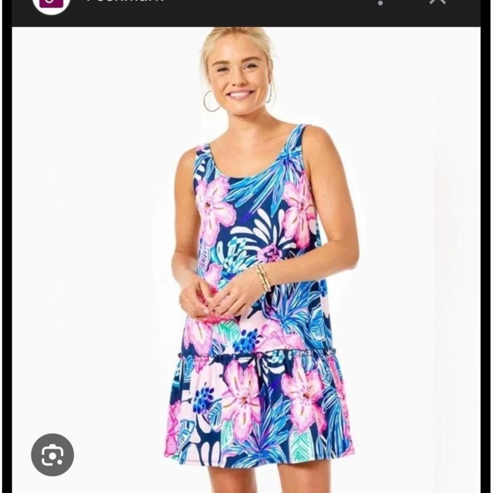Lilly Pulitzer Sleeveless Tropical Floral Ruffle Hem Knit Dress Blue Pink Large